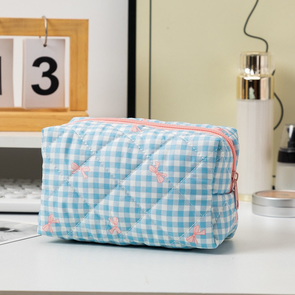 Quilted Cotton Checker Bow Makeup Bag