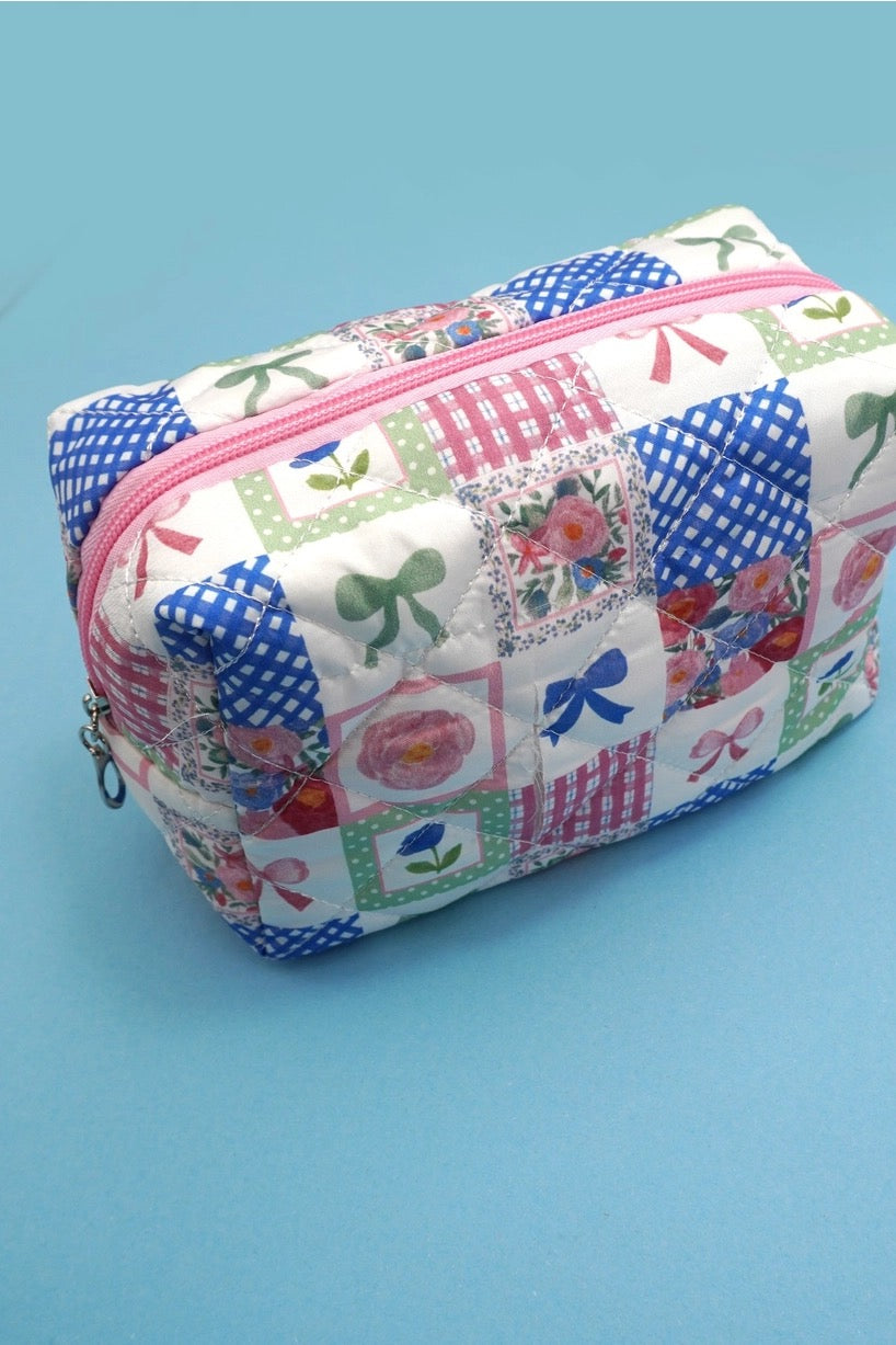 Bow Quilted Cotton Floral Makeup Bag