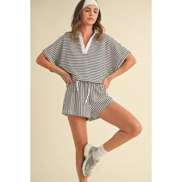 Knitted Striped Cropped Shirt and Shorts Set
