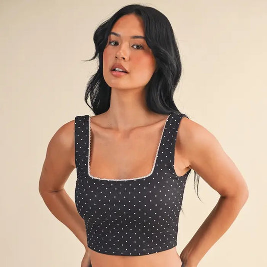Polka Dot Print Crop Tank with Lace Trim