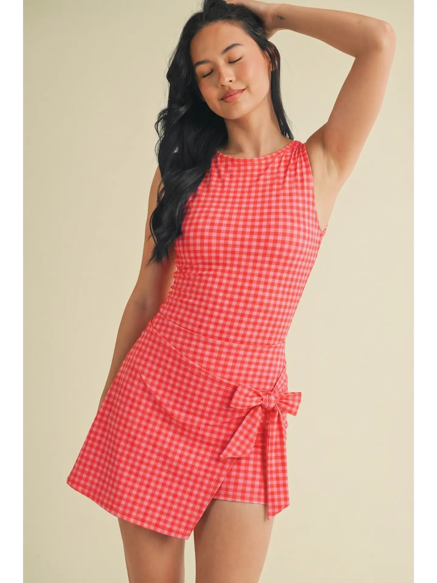 Hot Pink Gingham Print Sleeveless Wrap Tie Front Dress