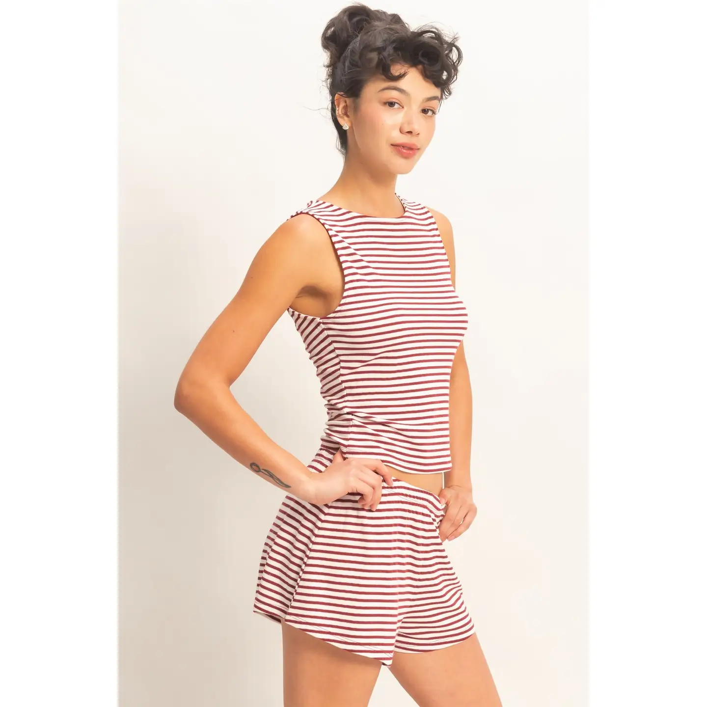 Red Striped Sleeveless Tank and Shorts Set