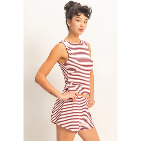 Red Striped Sleeveless Tank and Shorts Set