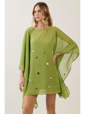 Olive Mirror Embellished Chiffon Caftan Mini Dress