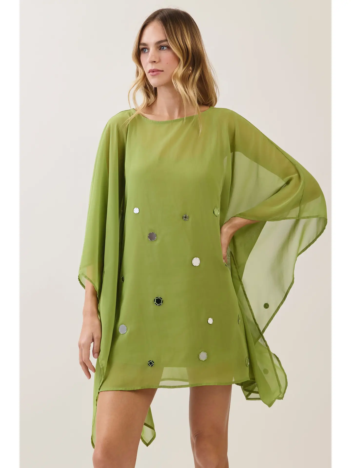 Olive Mirror Embellished Chiffon Caftan Mini Dress