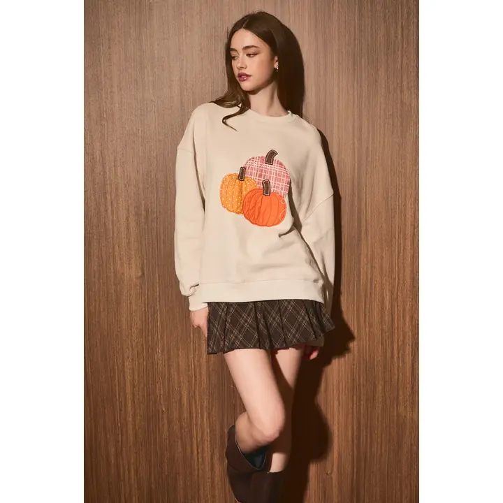 Embroidered Pumpkin Oversized Crew Neck Sweatshirt