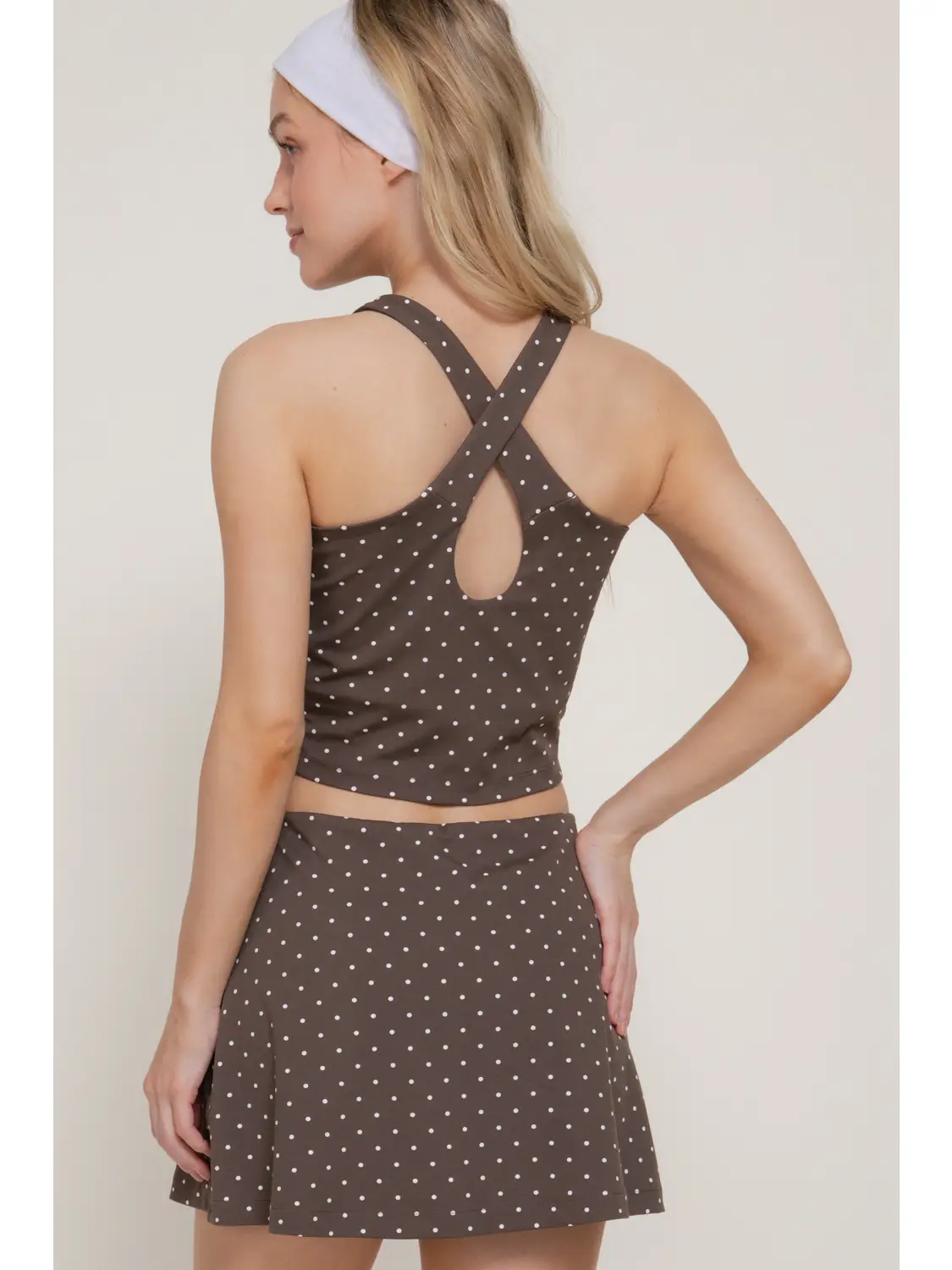 Strappy Back Tank Top & Wrap Skort Dot Print Activewear Set - Brown