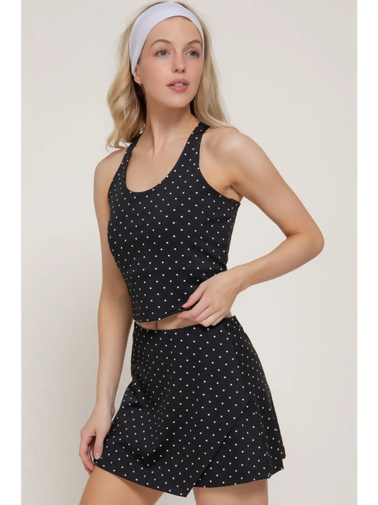 Strappy Back Tank Top & Wrap Skort Dot Print Activewear Set - Black