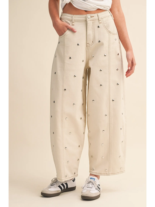 Cream Studded Barrel Denim Pants
