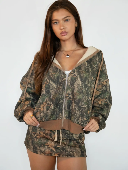Bayou Dark Woodland Camo Cloud Fleece Oversized Zipup Hoodie