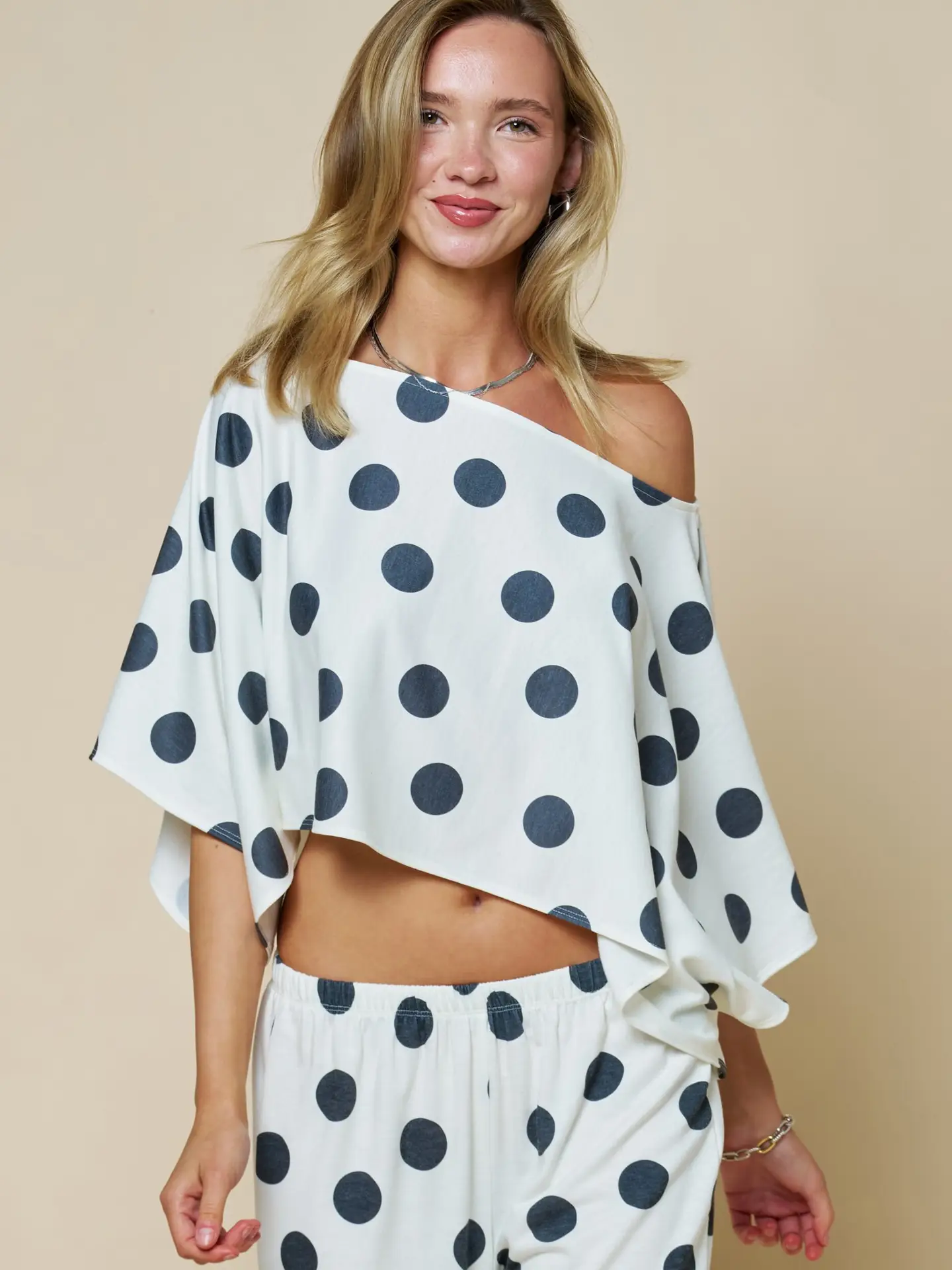 Off Shoulder Polka Dot Poncho Style Crop Top