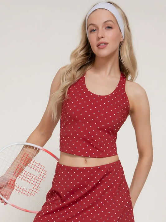 Strappy Back Tank Top & Wrap Skort Dot Print Activewear Set - Red