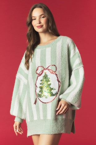Christmas Tree Sequins Striped Oversized Sweater - Sage
