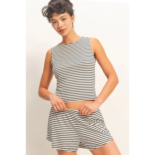 Black Striped Sleeveless Tank and Shorts Set