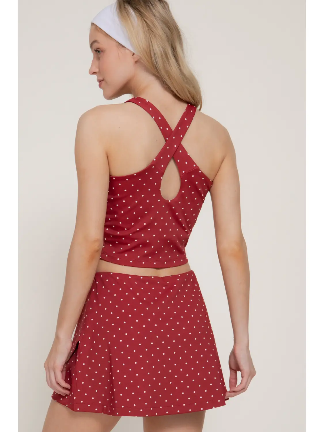 Strappy Back Tank Top & Wrap Skort Dot Print Activewear Set - Red