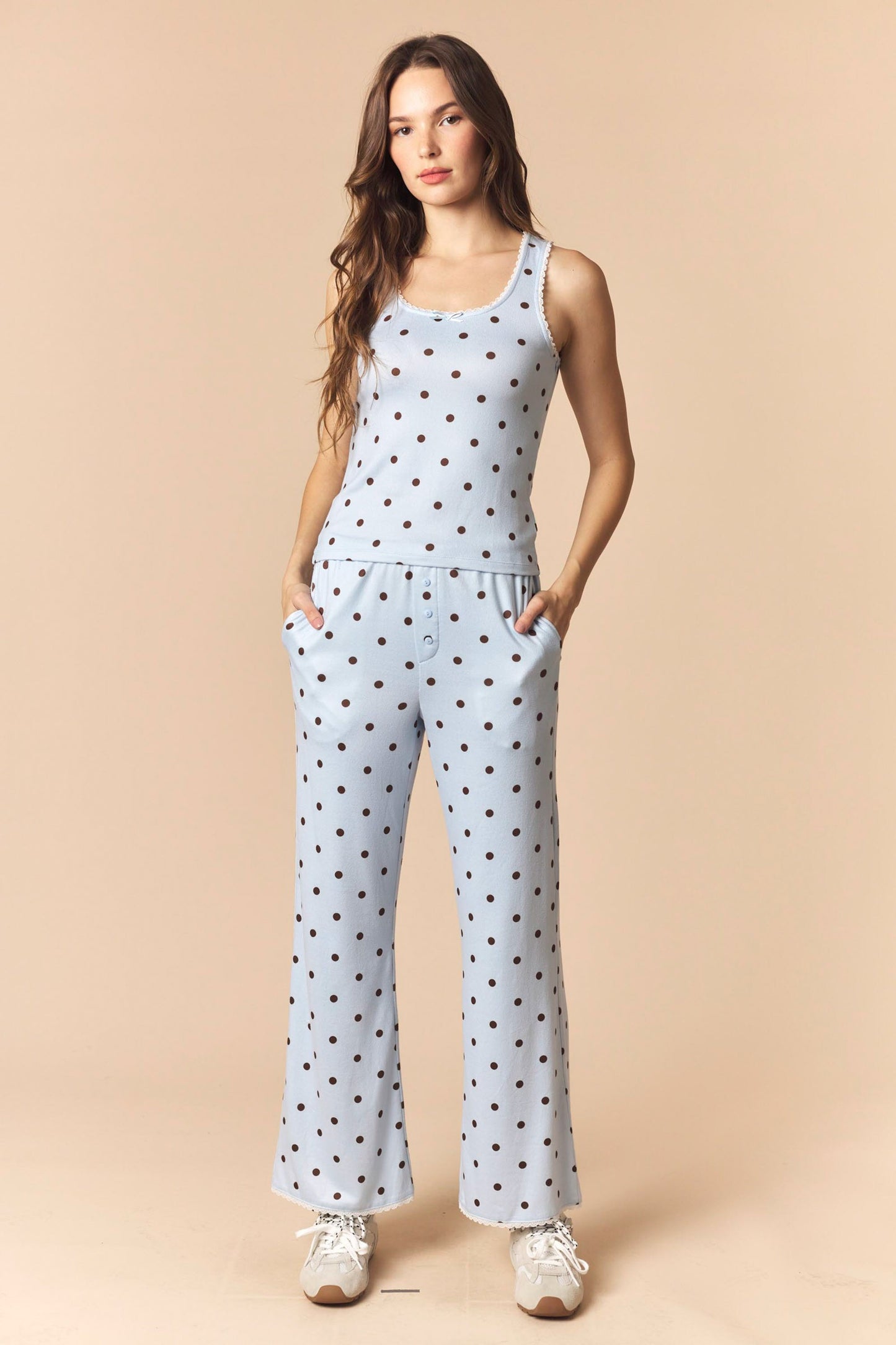 Polka Dot Rushed Knit Tank Top And Pants Set