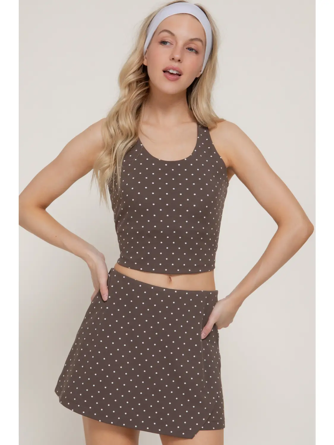 Strappy Back Tank Top & Wrap Skort Dot Print Activewear Set - Brown