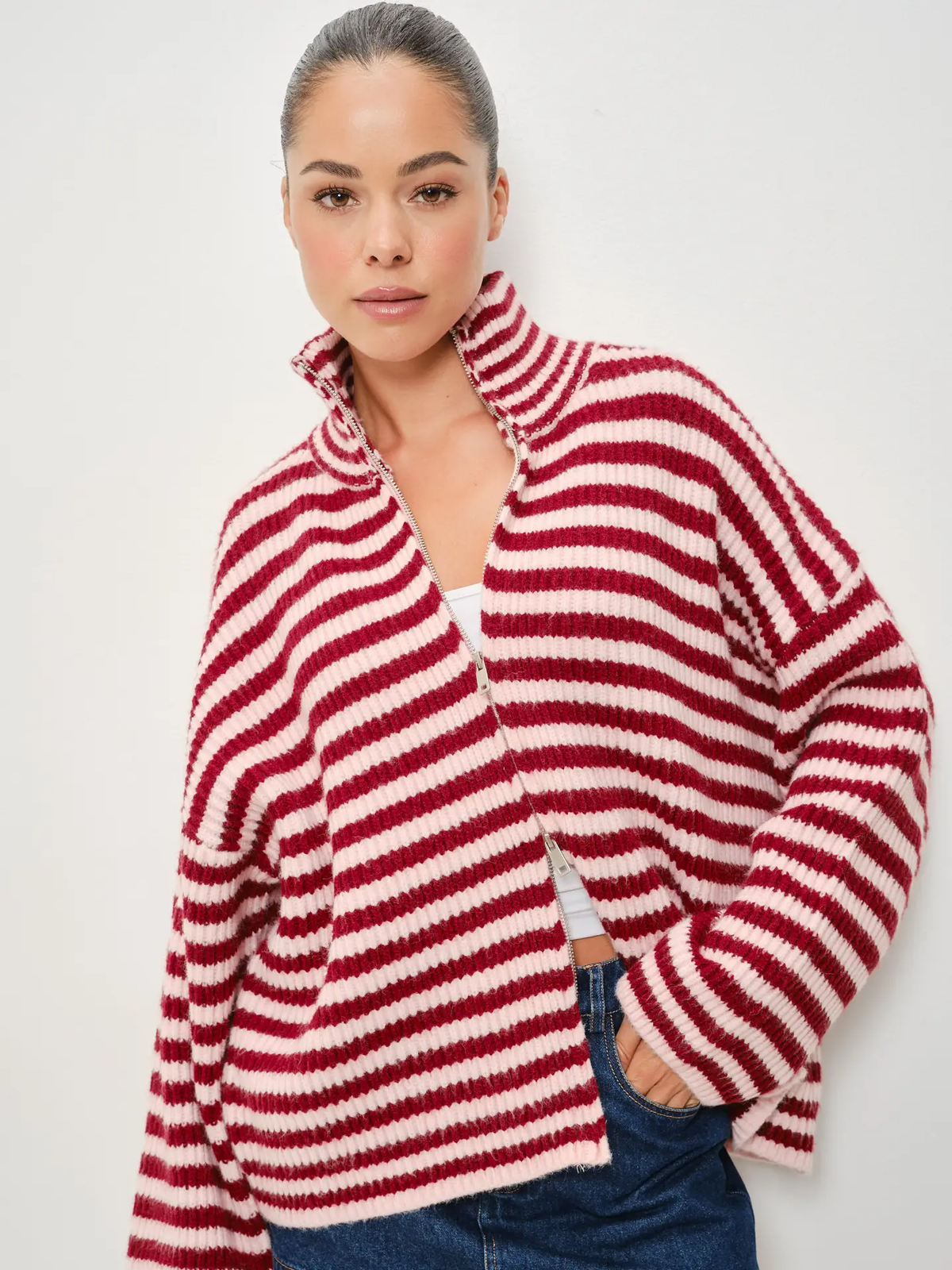 Zane Striped Mocked Neck Zip Up Jacket (Pink and Burgundy)