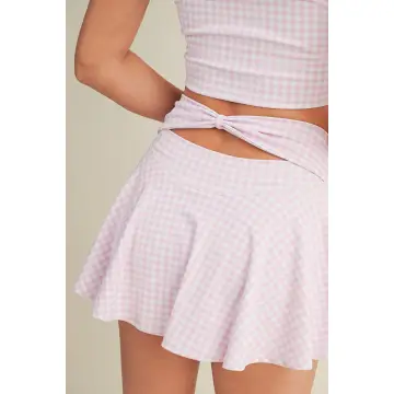 Pink Gingham Print Mini Circle Skort with Bow Back and Lace Trim