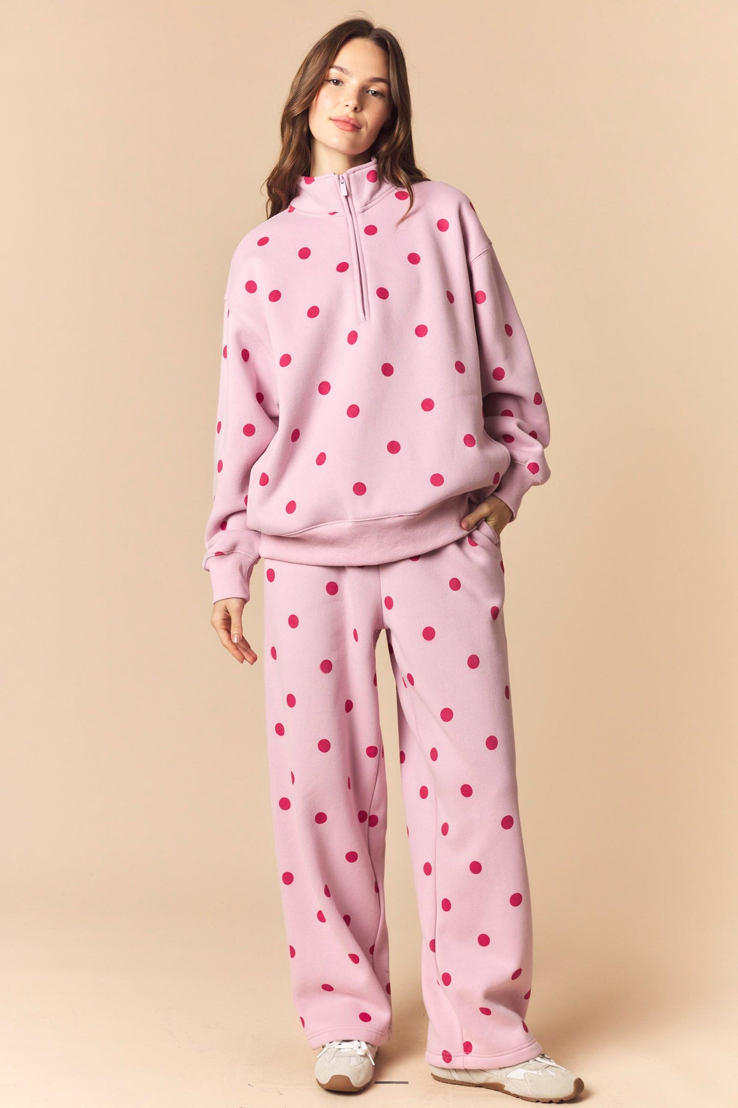Pink Polka Dot Printed Quarter Zip Fleeced Sweatshirt And Pants