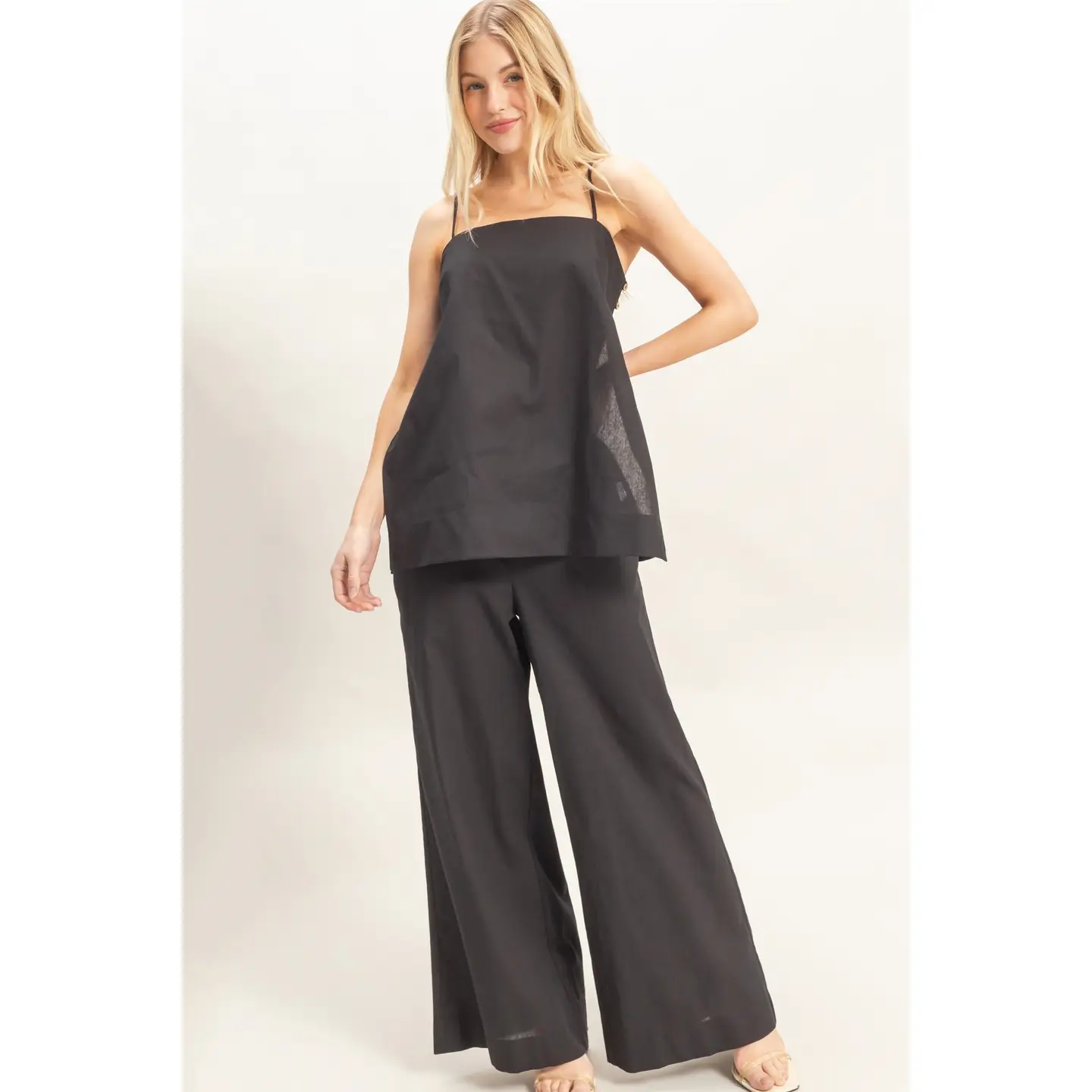 Spaghetti Strap Top & Wide-Leg Pants Set - Black