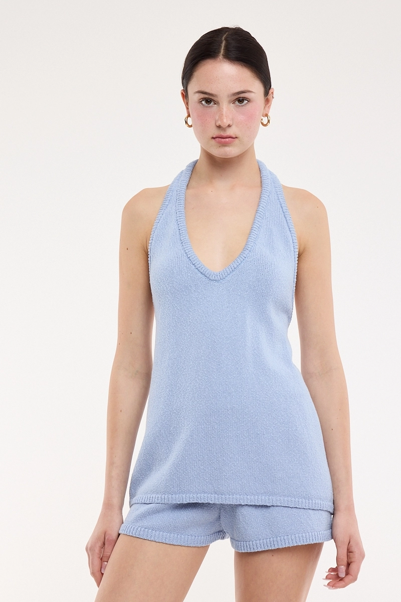Halter Tie Neck Open Back Knit Top & Short Set