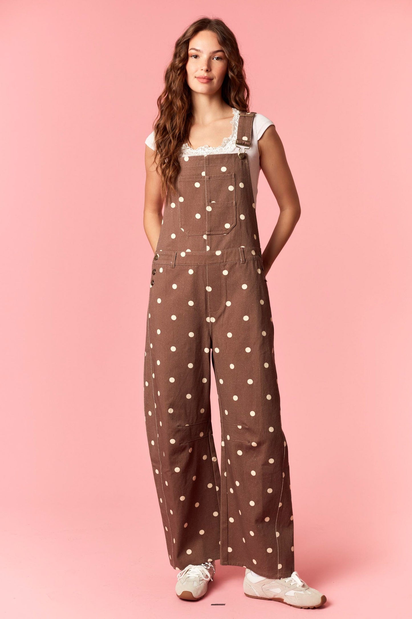 Brown Polka Dot Printed Twill Overall