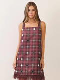Rae Plaid Mirror Disc Feather Trim Mini Dress