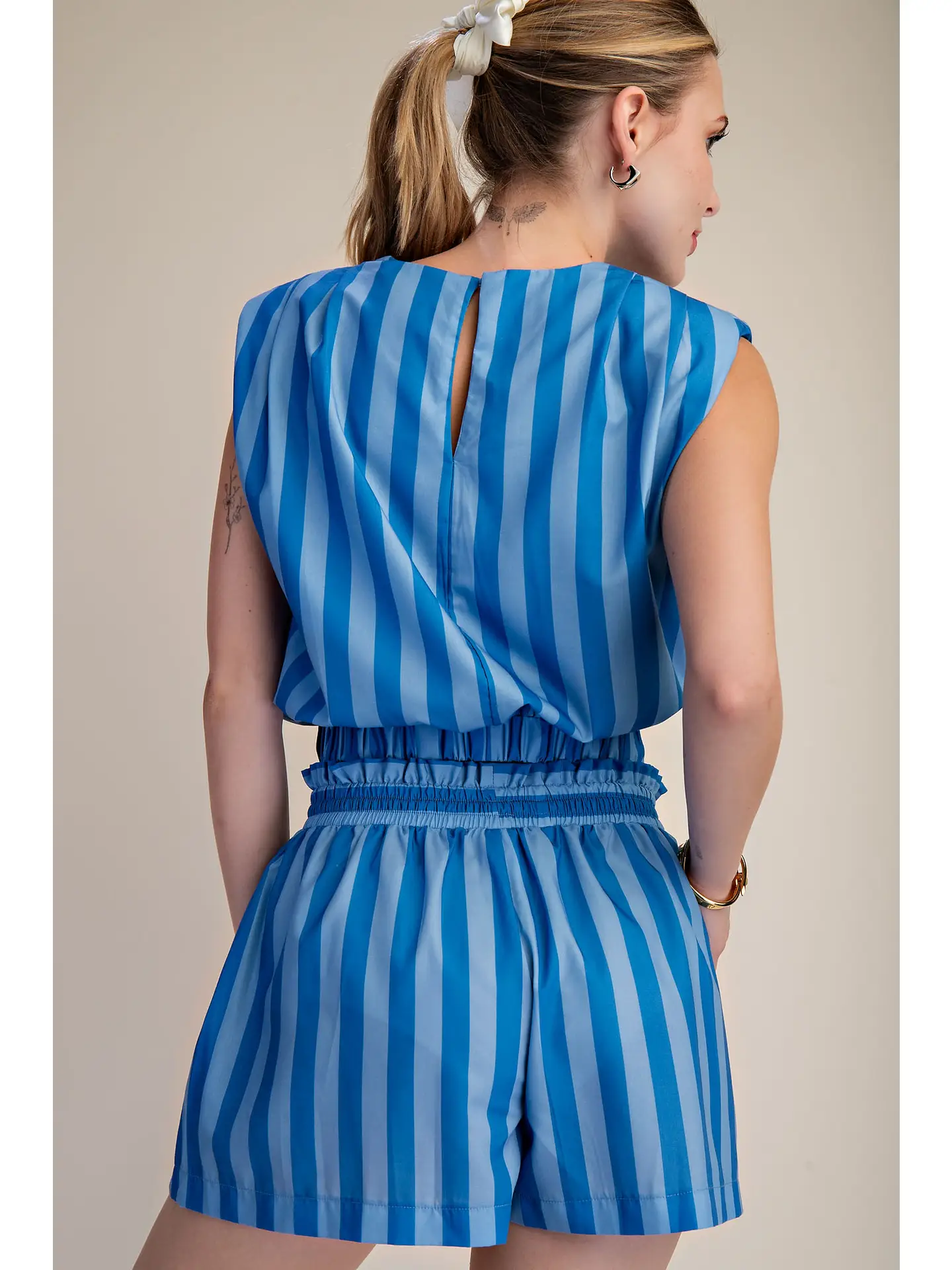 Royal Stripe Top with Padded Shoulder and Elastic Waist