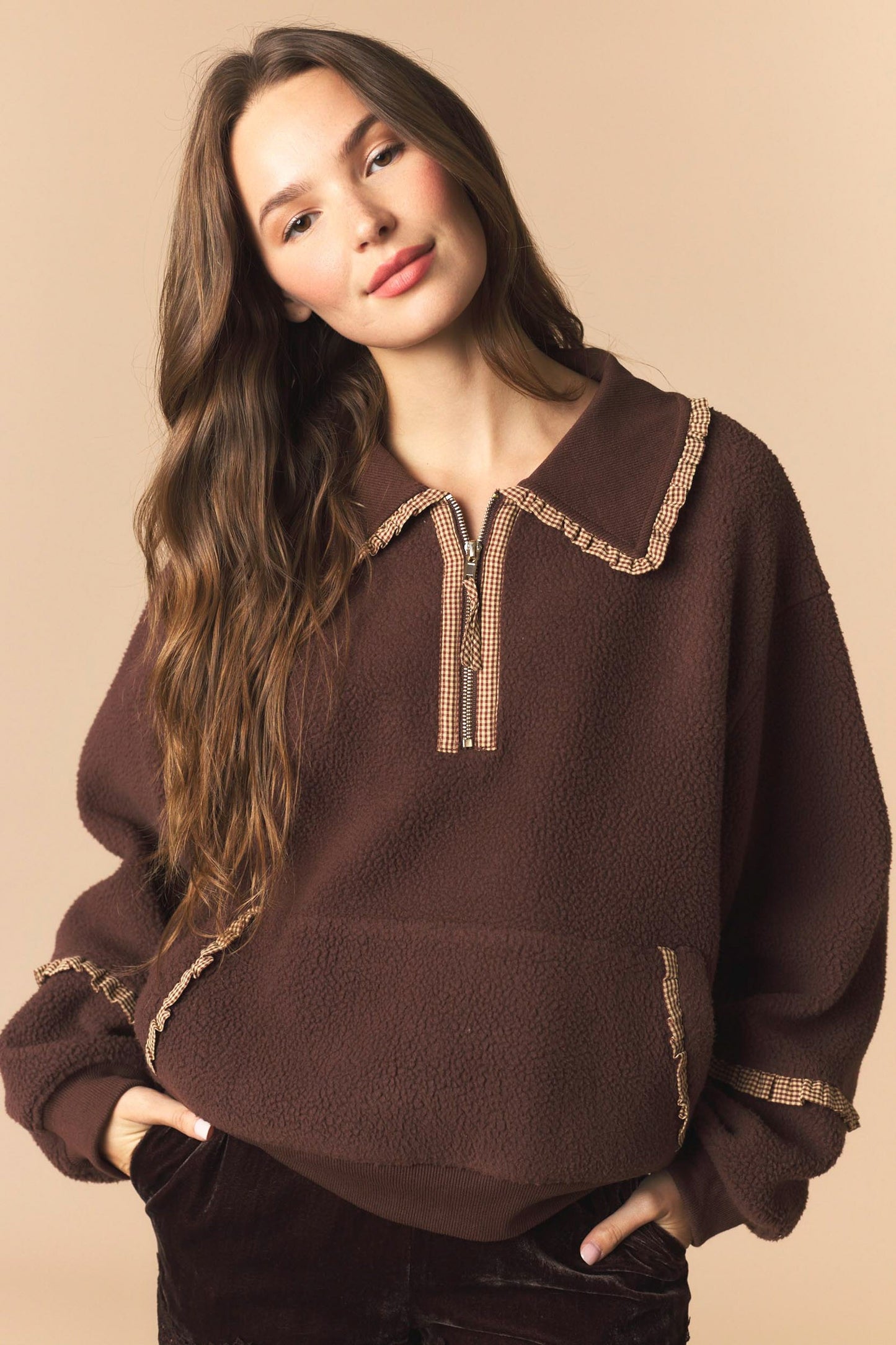 Amelia Gingham And Fleece Collared Quarter Zip Pullover