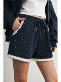 Polka Dot Lounge Shorts with Lace Trim - Navy/Ivory