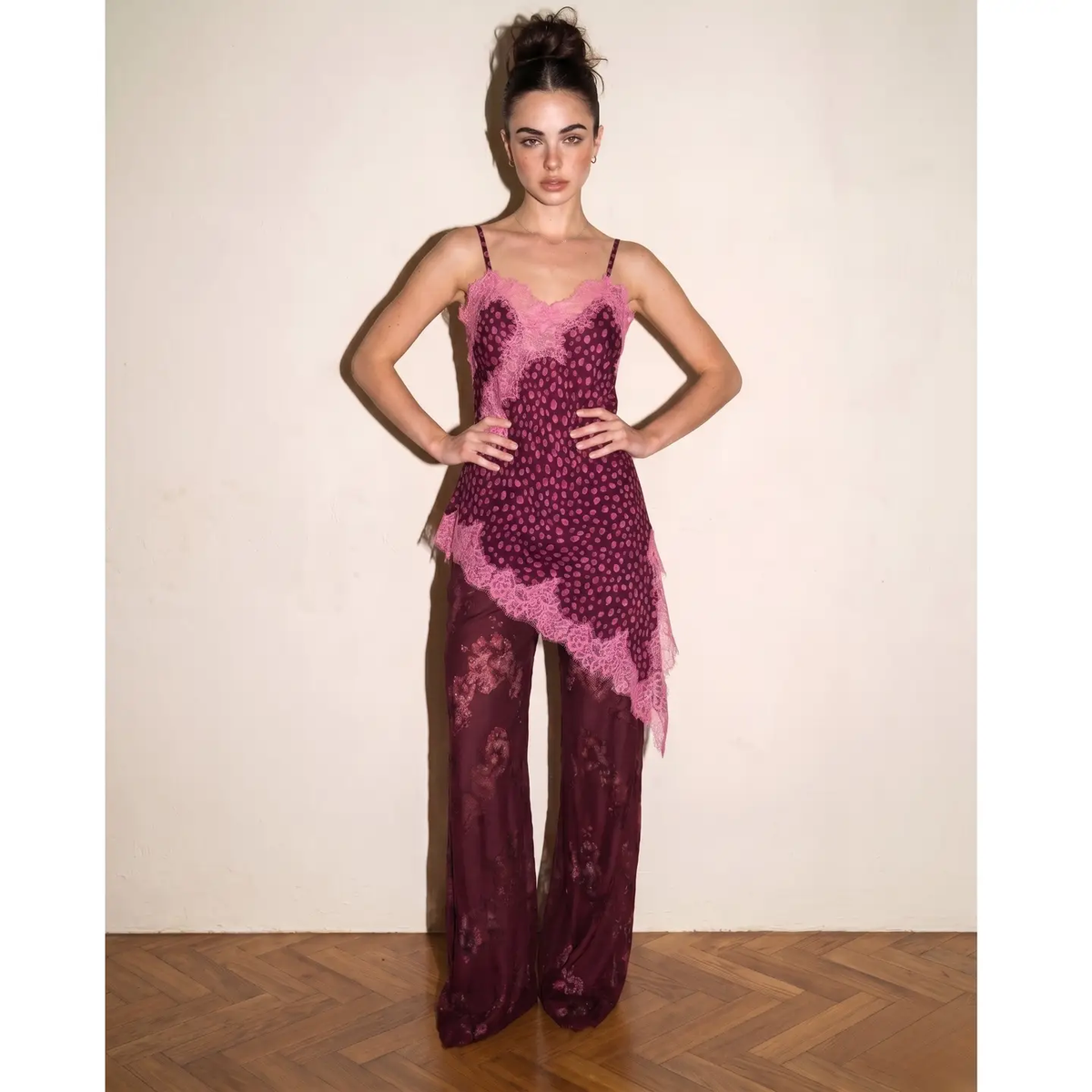 Chiffon Print Lace Camisole Top and Lace Set