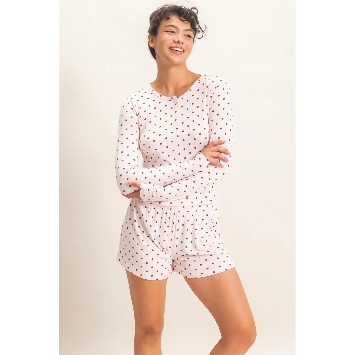 Polka Dot Henley Long Sleeve Top & Shorts Set
