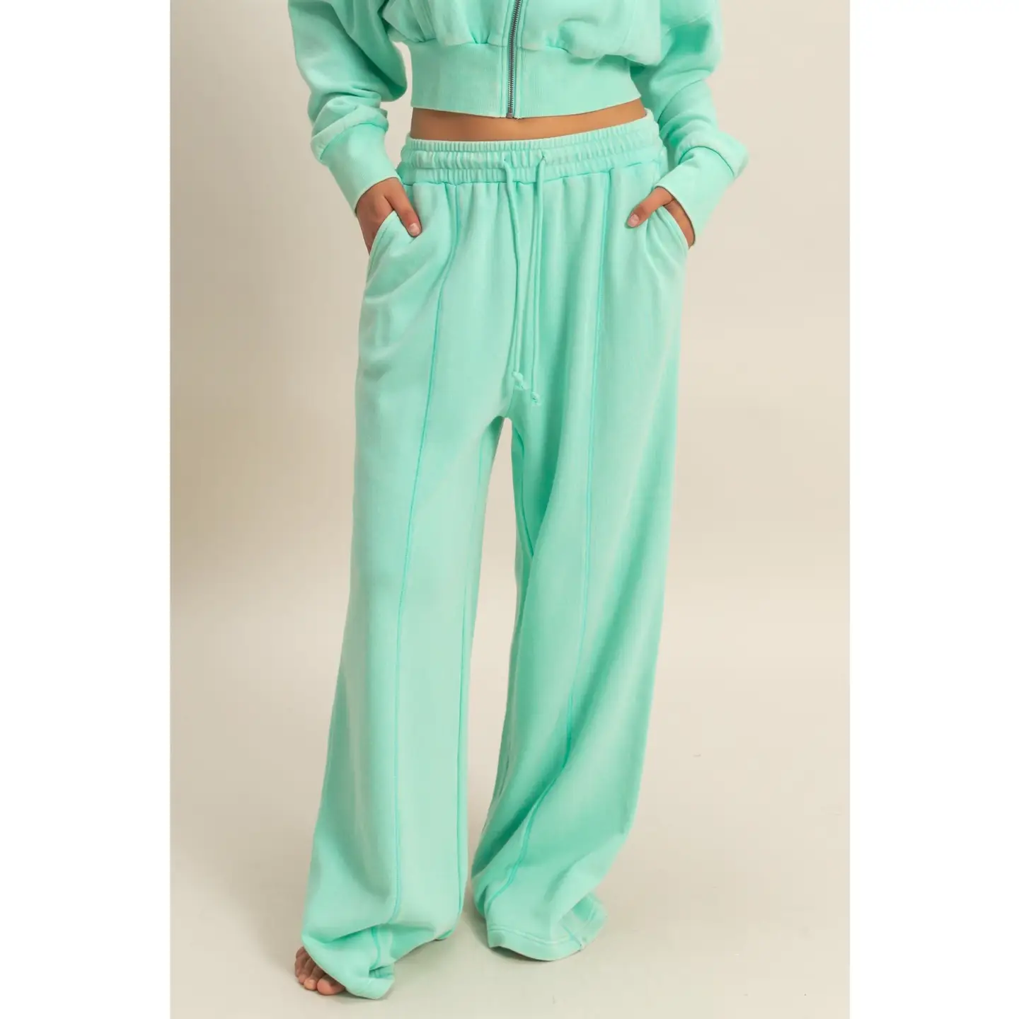 Mint Acid Wash Terry Wide Leg Pant