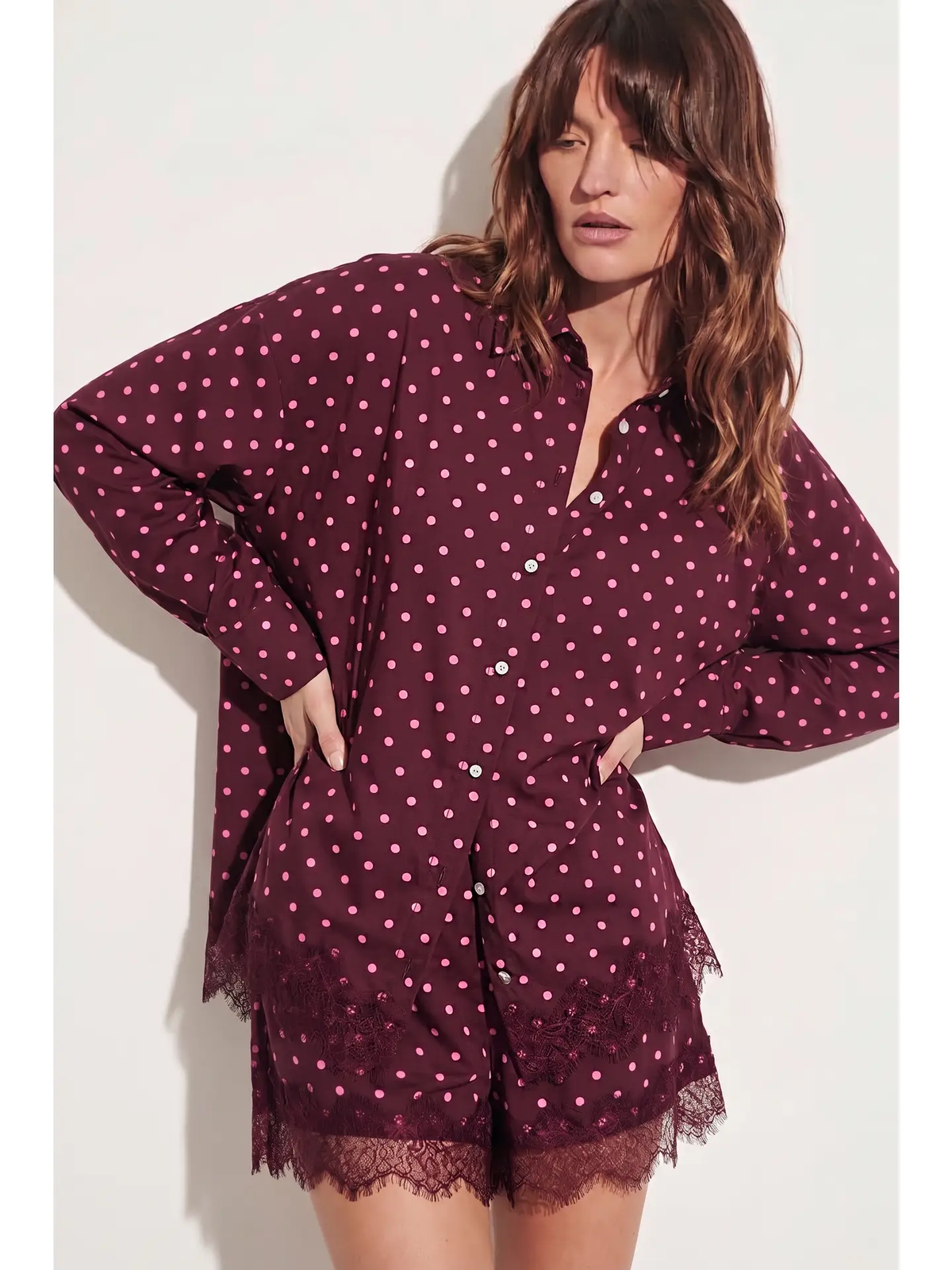 Plum Polka Dot Oversized Button Up