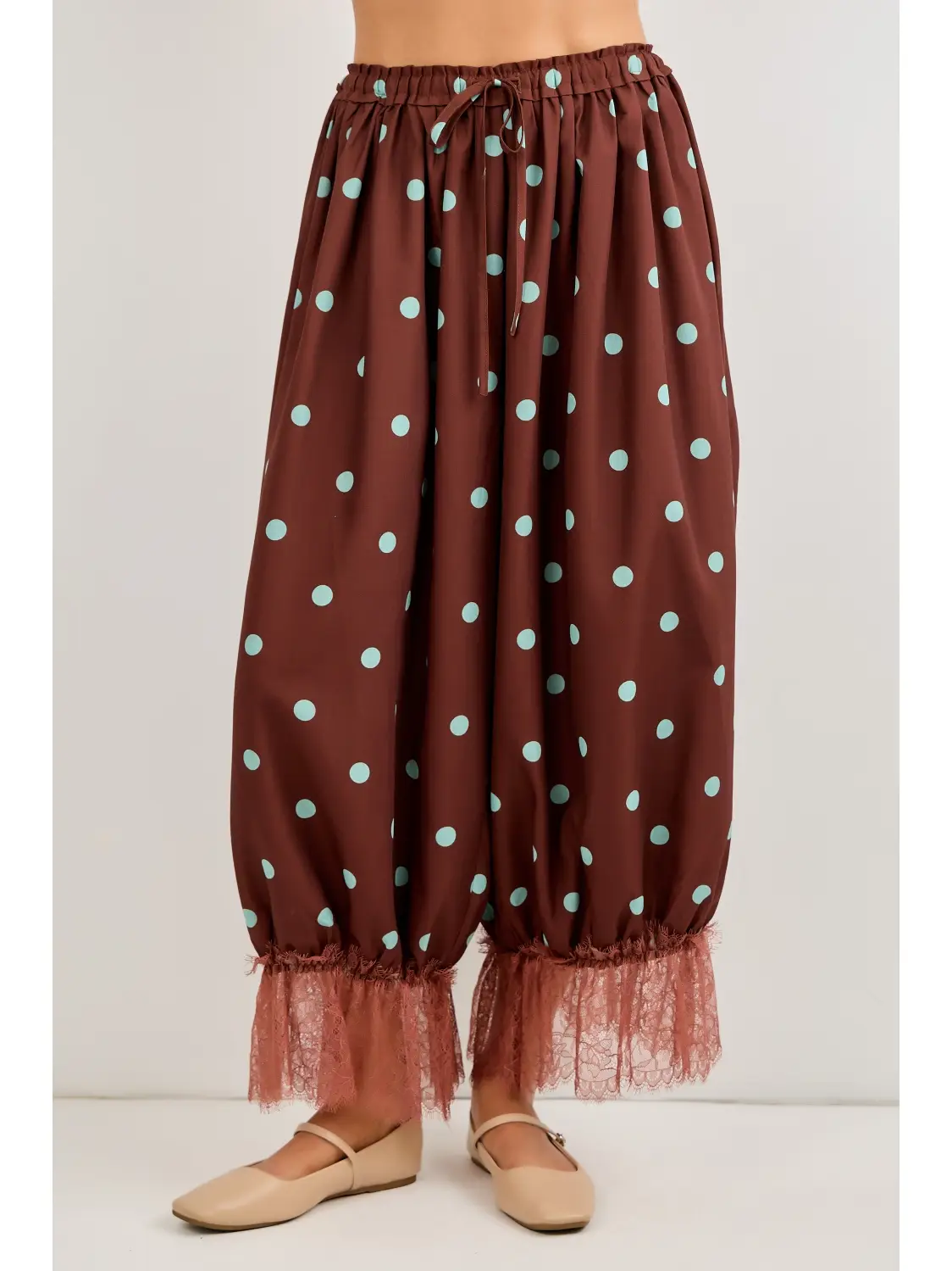 Brown/Mint Polka Dot Print Lace Trim Pants