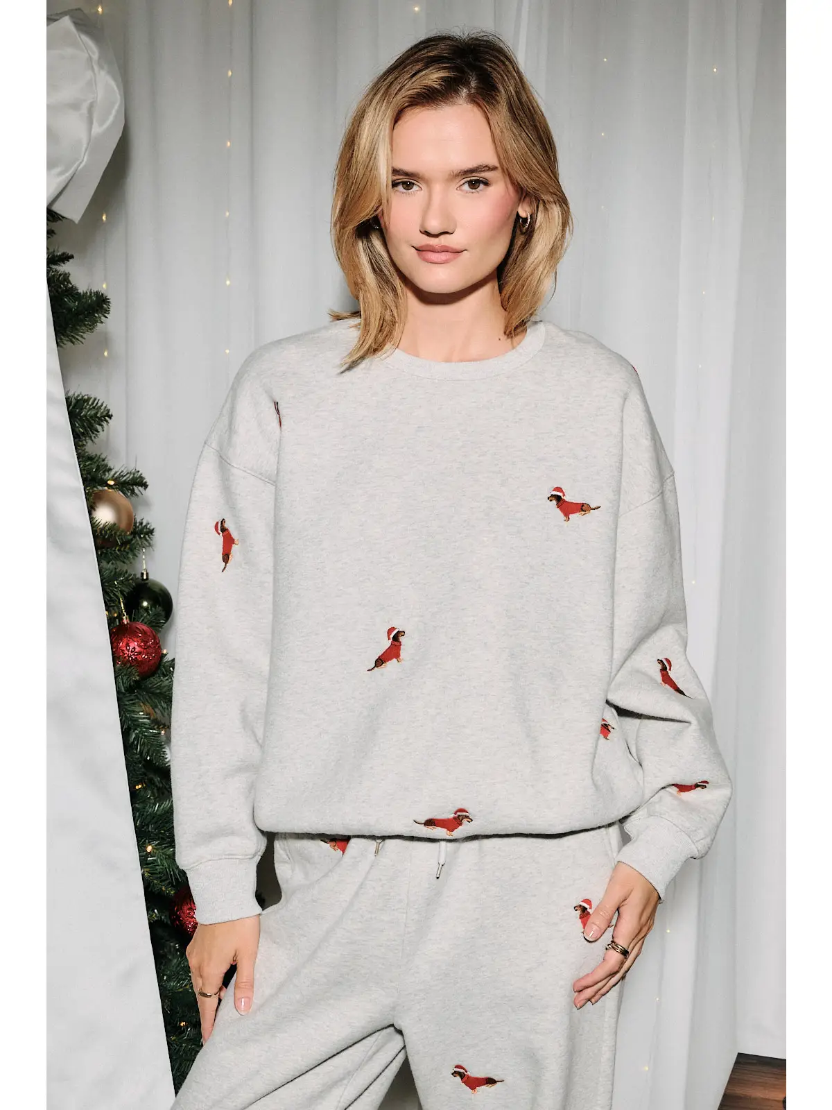 Embroidered Christmas Dog Fleece Crew Neck