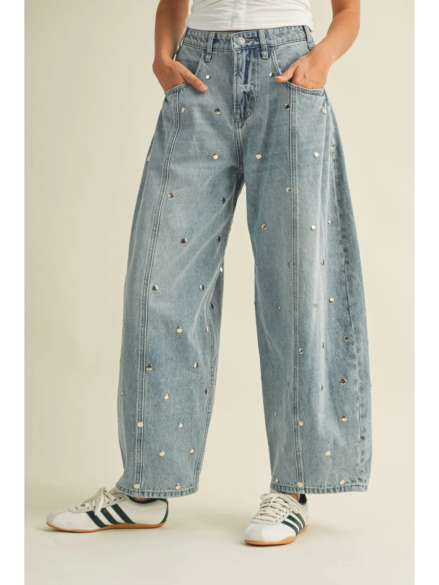 Light Denim Studded Barrel Denim Pants