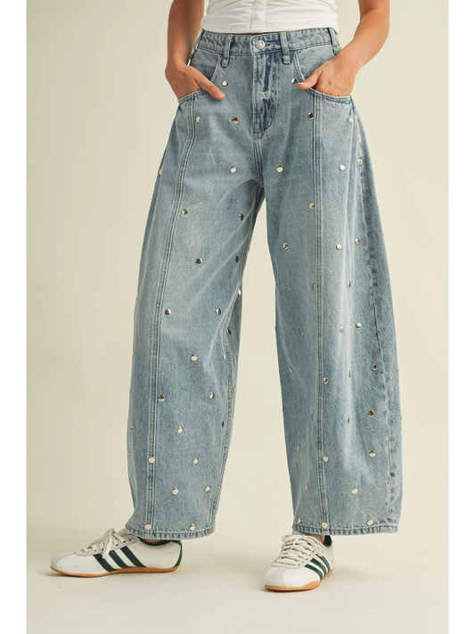Light Denim Studded Barrel Denim Pants