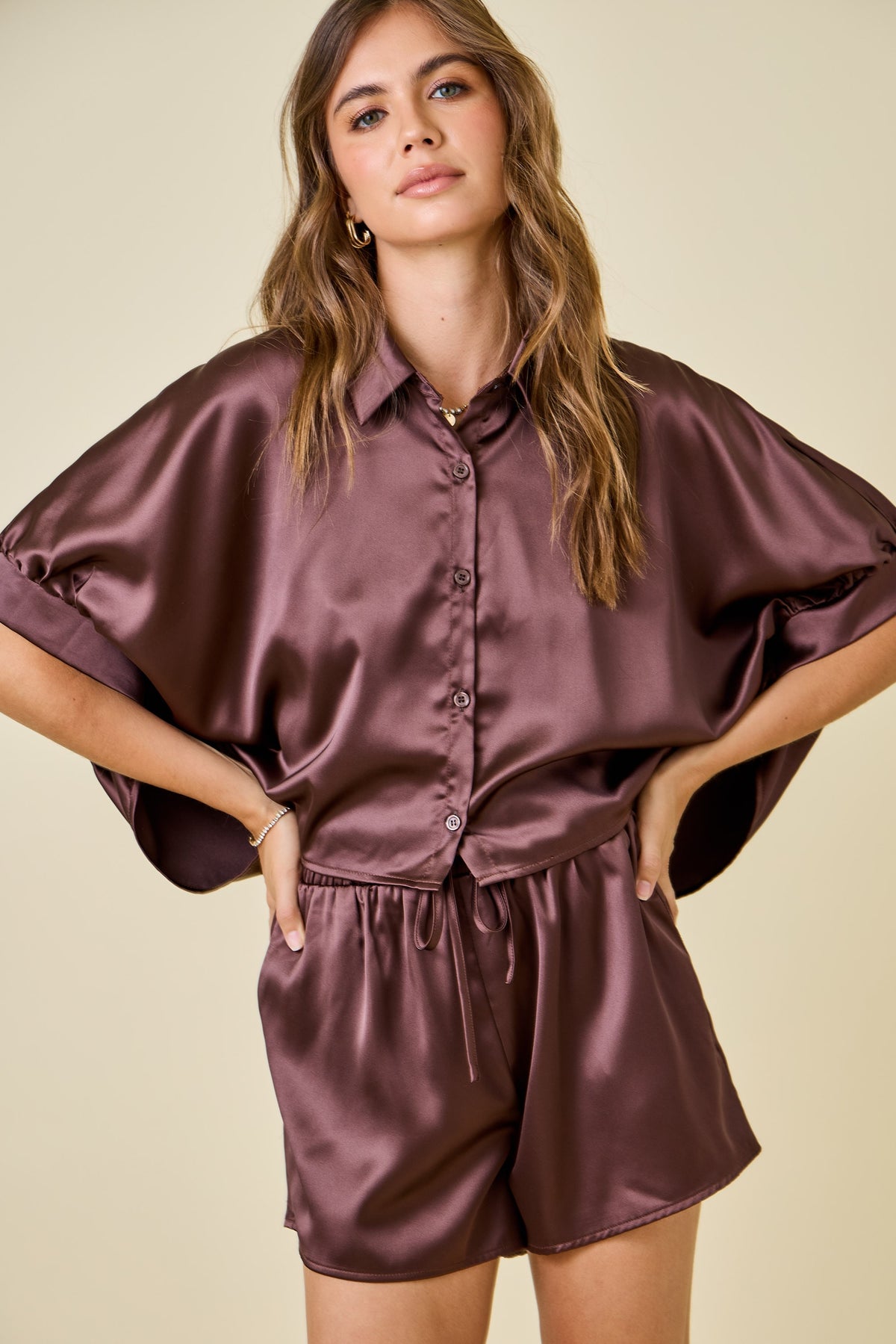 Espresso Satin Button Down Oversized Shirt & Shorts Matching Set