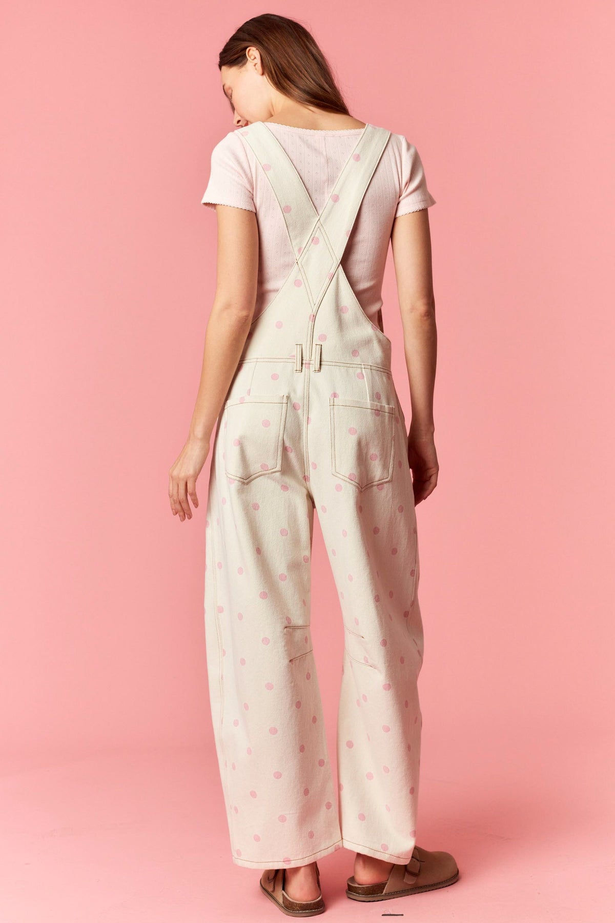 Pink Polka Dot Printed Denim Barrel Overall Jumpsuit