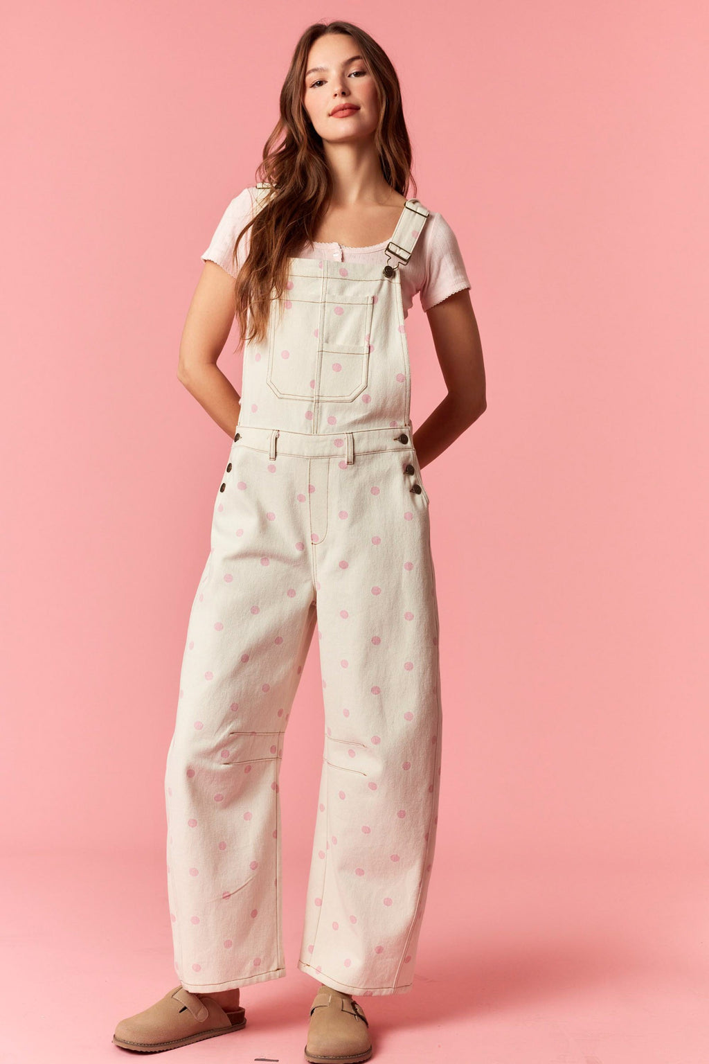 Pink Polka Dot Printed Denim Barrel Overall Jumpsuit