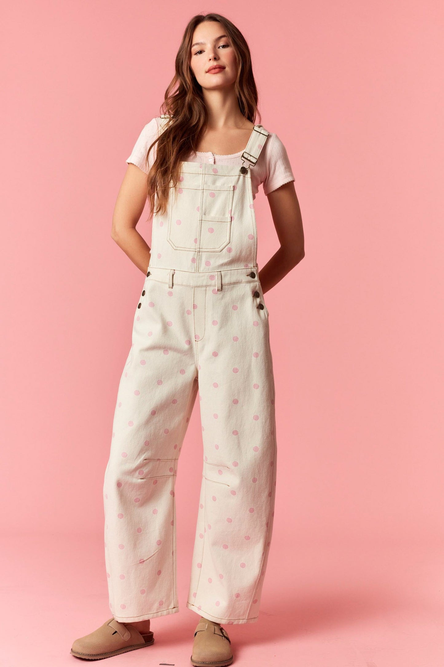 Pink Polka Dot Printed Denim Barrel Overall Jumpsuit