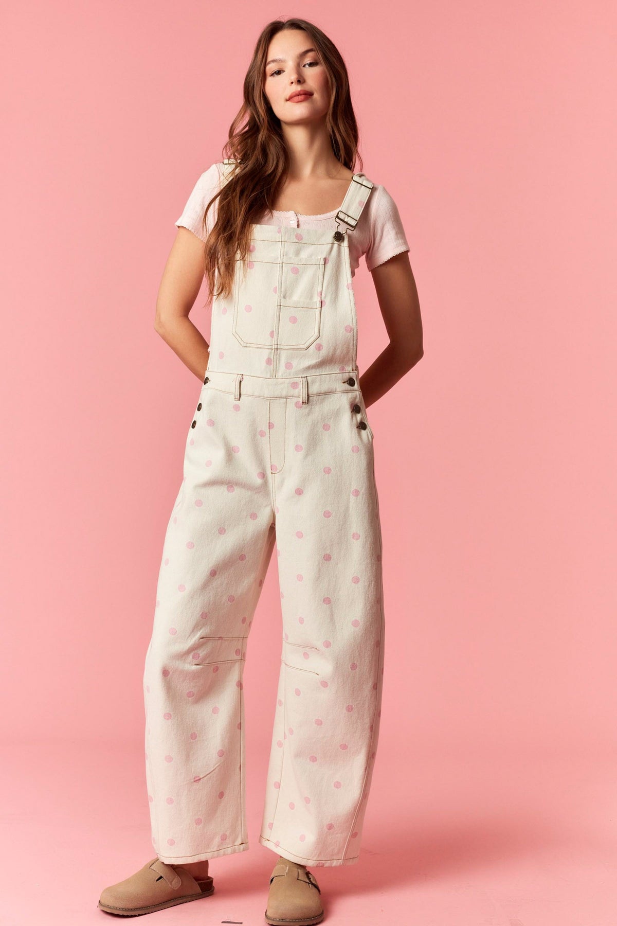 Pink Polka Dot Printed Denim Barrel Overall Jumpsuit