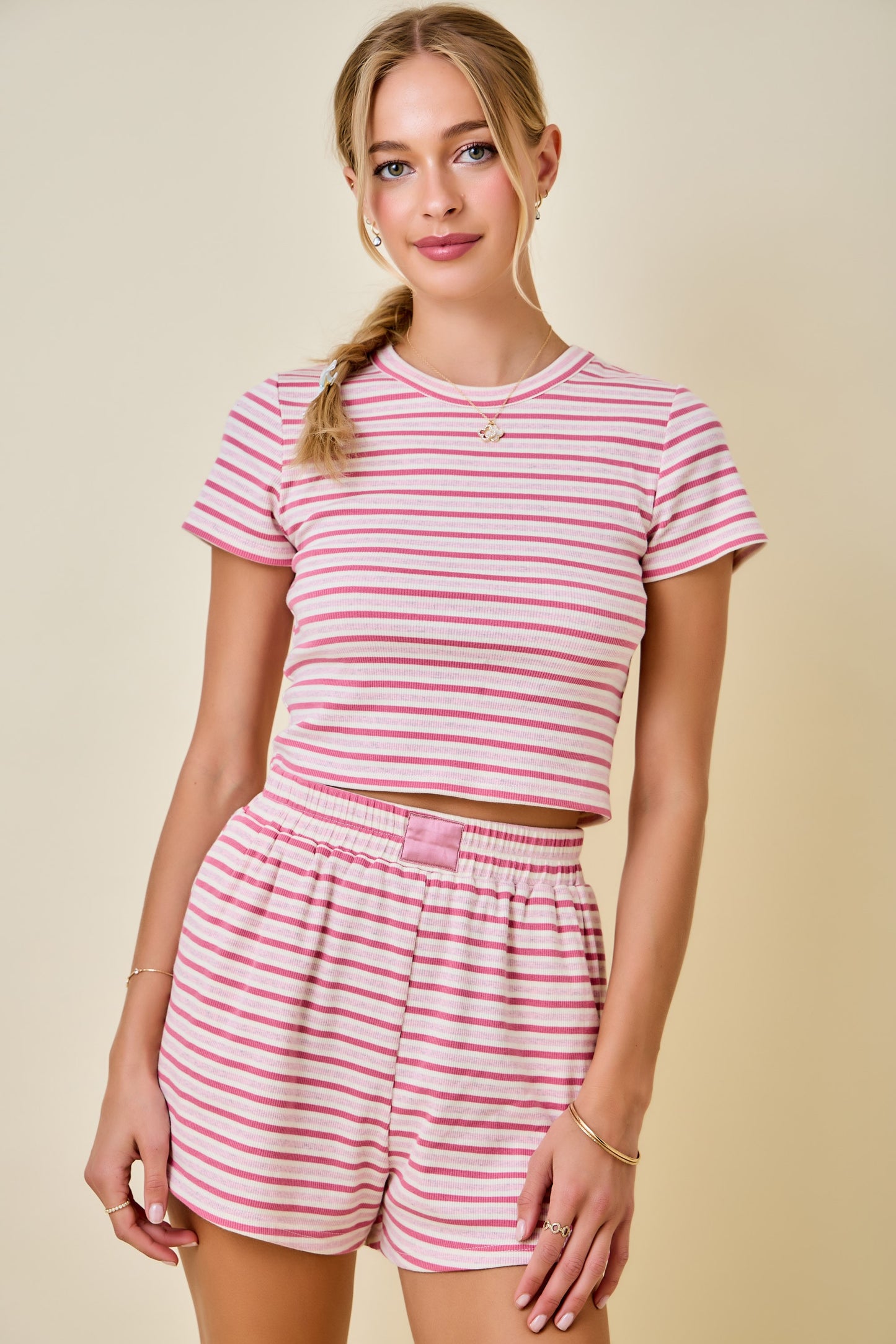 Rose pink Striped Ribbed Fitted Crop Lounge Top W/ Contrast Patch
