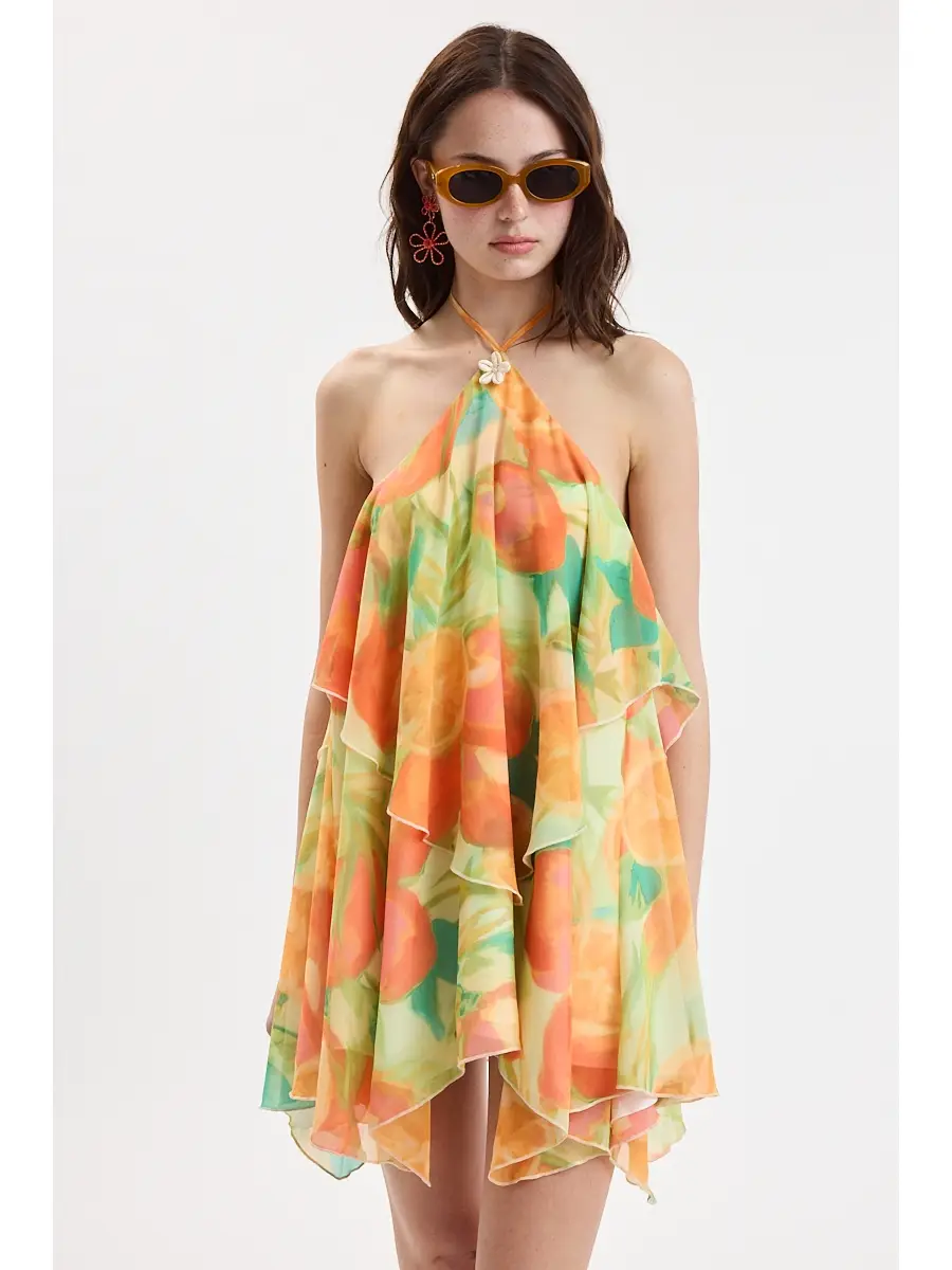 Cabana Orange Halter Tie Flower Brooch Mini Dress