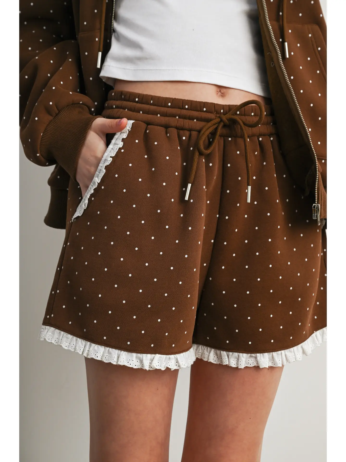 Polka Dot Lounge Shorts with Lace Trim - Brown/Ivory