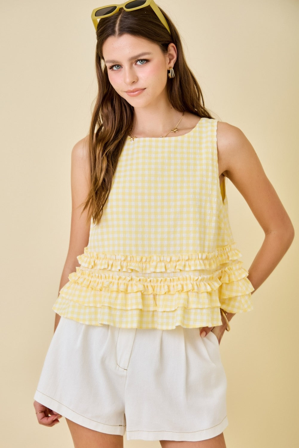 Sleeveless Textured Gingham Top W/tiered Ruffle & Back Tie