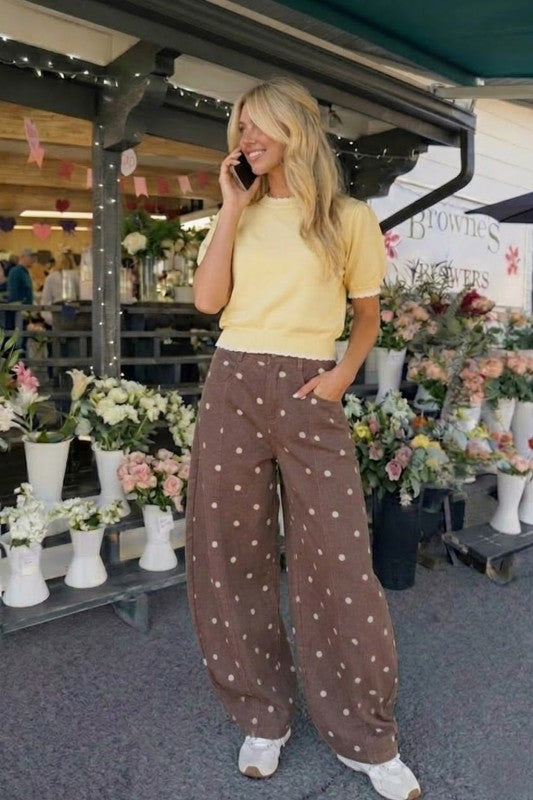 Brown and White Polka Dot Barrel Jeans