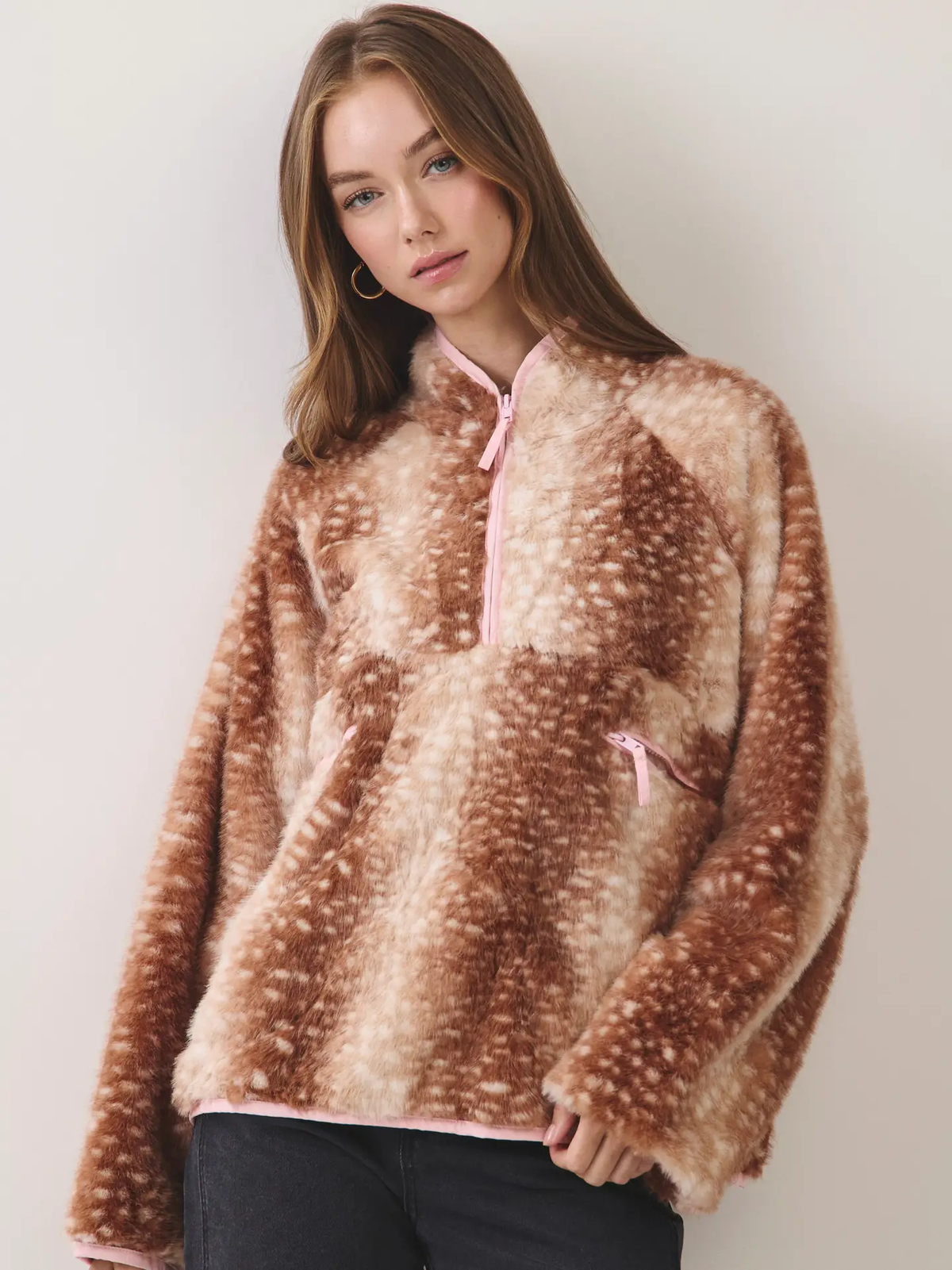 Millie Deer Print Faux Fur Half-Zip Jacket